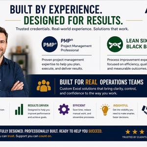 May include: A digital marketing graphic for Ash Allen Digital featuring a smiling person with crossed arms. Text includes: BUILT BY EXPERIENCE. DESIGNED FOR RESULTS. PMP, LEAN SIX SIGMA BLACK BELT, and BUILT FOR REAL OPERATIONS TEAMS with five stars.