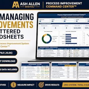 May include: A laptop screen shows a process improvement dashboard with data and charts. The image promotes a system to manage improvements, with text reading "Stop Managing Improvements in Scattered Spreadsheets." Icons for Excel, download, and data are also present.