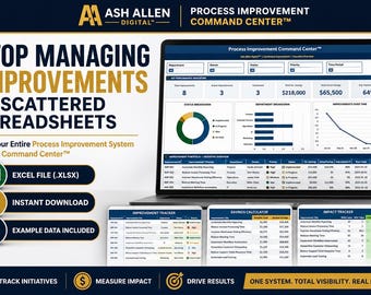 Process Improvement Command Center Excel Template | Lean Six Sigma Tracker | KPI Dashboard, Savings Calculator & Impact Analysis Tool