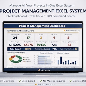 Puede incluir: Una computadora portátil muestra un panel de control de gestión de proyectos en Excel. La pantalla muestra indicadores clave de rendimiento, incluido el presupuesto y los hitos. El texto en la parte superior dice "PROJECT MANAGEMENT EXCEL SYSTEM."