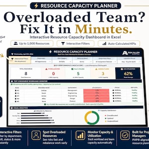 Resource Capacity Planner Excel Template | Team Workload & Utilization Tracker | PMO Dashboard Tool