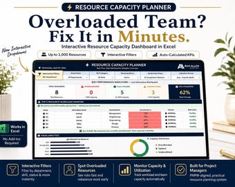 May include: A digital resource capacity planner dashboard displayed on a screen, featuring interactive filters, auto-calculated KPIs, and a top five resource workload monitor. The interface includes charts for utilisation and capacity distribution, designed for Excel.