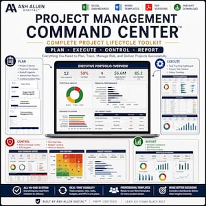 May include: A digital project management toolkit by Ash Allen Digital featuring an executive portfolio overview on a laptop screen, surrounded by icons and lists for planning, executing, controlling, and reporting project lifecycles with charts.