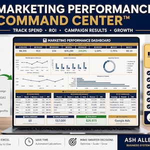 May include: A digital marketing performance dashboard displayed on a laptop screen. The interface features charts, graphs, and tables tracking spend, ROI, campaign results, and growth. Text includes Marketing Performance Command Center and Ash Allen Digital.