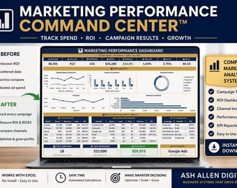May include: A digital marketing performance dashboard displayed on a laptop screen. The interface features charts, graphs, and tables tracking spend, ROI, campaign results, and growth. Text includes Marketing Performance Command Center and Ash Allen Digital.