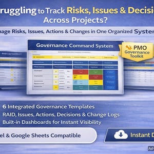 Project Governance Toolkit Excel | RAID, Issue Tracker, Decision & Change Log Templates