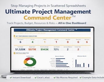 Modelo definitivo de Excel para Central de Comando de Gerenciamento de Projetos | Rastreador de PMO | Painel de KPIs | Gráfico de Gantt