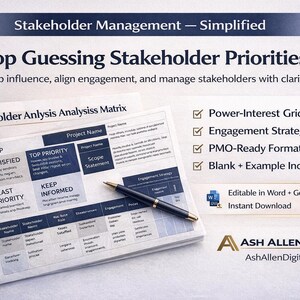 Stakeholder Analysis Matrix Template | Power-Interest Grid + Engagement Strategy | PMO-Ready Stakeholder Management System