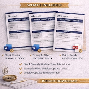 May include: A digital product image featuring a weekly project update template. The template includes sections for project information, weekly summaries, and milestones. Options include blank, example-filled, and print-ready PDF versions.