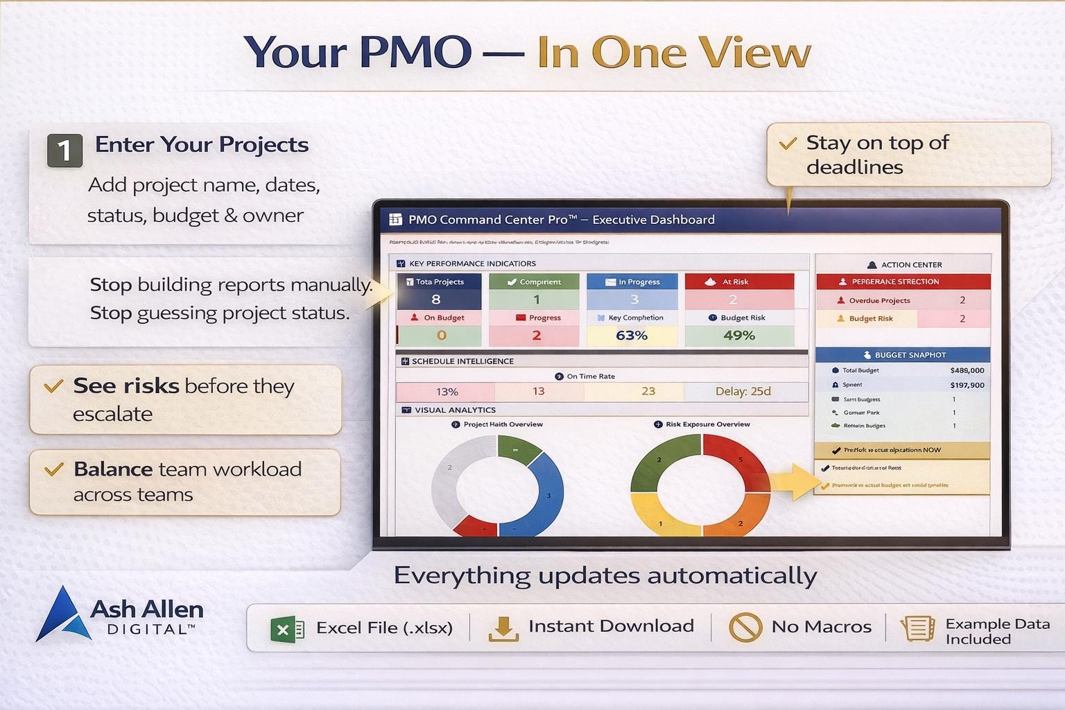 Pmo Tasktracker PMO Dashboard PRO (100 Projects) Excel Template | Portfolio Management ...