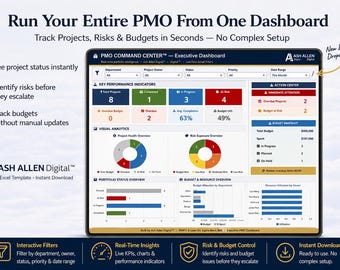 PMO Dashboard PRO (100 Projects) Excel Template | Portfolio Management System | Gantt, KPI, Budget & Resource Tracker