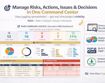 Modelo de Excel para Registro de RAID | Rastreador de Decisões sobre Ações, Riscos e Problemas | Painel de Controle do PMO