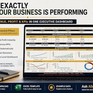 May include: A laptop screen displaying an executive business dashboard Excel template with financial data, charts, and key performance indicators. The interface includes interactive filters, revenue and profit tracking, and performance trend graphs.