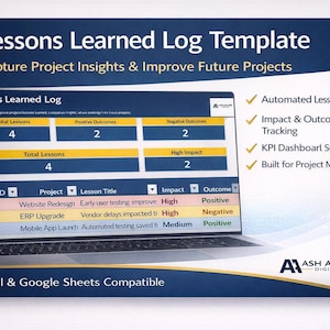 May include: A Lessons Learned Log Template with the text "Capture Project Insights & Improve Future Projects." The template includes sections for lessons, outcomes, and impact, displayed on a laptop screen. Compatible with Excel & Google Sheets.