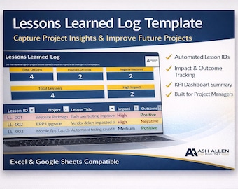 Modelo de Registro de Lições Aprendidas em Excel | Rastreador de Lições Aprendidas em Gerenciamento de Projetos | Registro de Retrospectiva do PMO | Excel e Planilhas Google