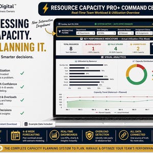 Resource Capacity Planner PRO Plus Excel Template | Team Utilization Dashboard, Workload Planning & Forecast System