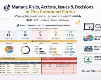 RAID Log Excel Template | Risk Issue Action Decision Tracker | PMO Dashboard