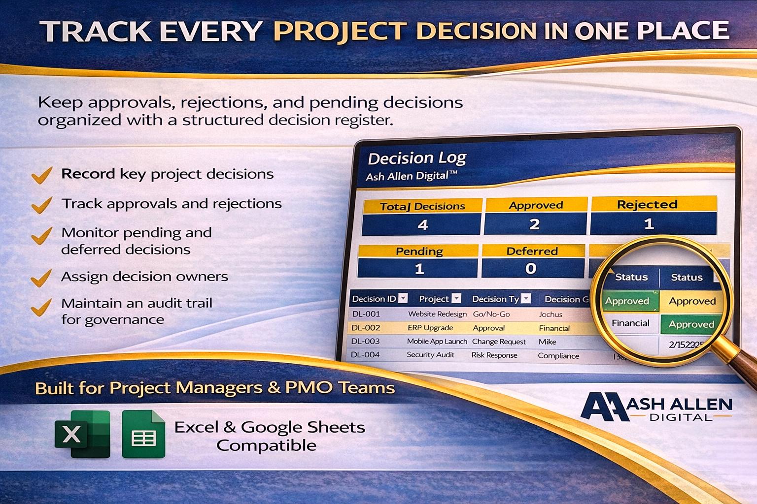 Decision Log Excel Template | Project Decision Tracker | PMO Decision ...