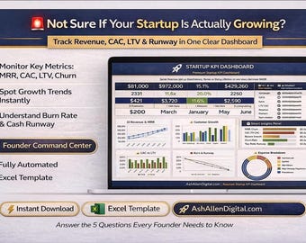 Modello Excel per dashboard KPI di startup / Monitoraggio di MRR, CAC, LTV e Runway / Strumento di analisi e crescita aziendale