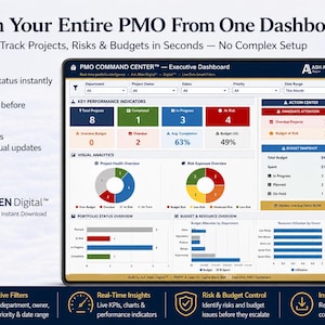 Peut inclure: Tableau de bord numérique affichant des données de gestion de projet. L'écran montre les indicateurs de performance clés, l'analyse visuelle et les informations budgétaires. Le texte comprend "Run Your Entire PMO From One Dashboard". Il s'agit d'un modèle Excel.