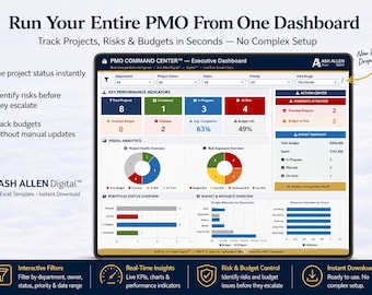 PMO Dashboard Excel Template (25 Projects) | Project Portfolio Command Center | KPI, Budget & Risk Tracker