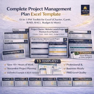 Project Management Excel Template – 13-in-1 PM Toolkit (Charter, Gantt, RAID, RACI)