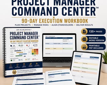 Project Manager Planner | 90-Day Project Management Workbook | PMP Productivity Planner | Risk Tracker | PMO Execution Notebook