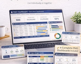 Sistema Excel do Centro de Comando do PMO | Painel de Portfólio, Planejador de Recursos, Controle de Orçamento e Registro de Riscos