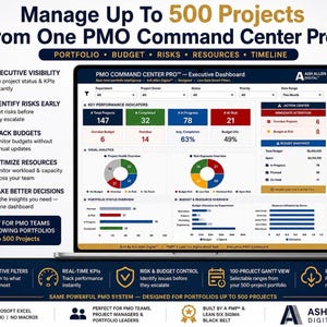 PMO Command Center Pro™ Excel Template | 500 Project Portfolio Dashboard | Gantt, Budget, Risk & Resource Management