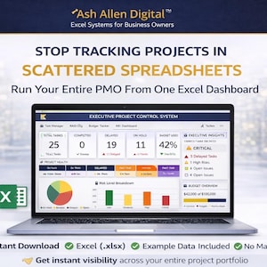 Könnte beinhalten: Ein Laptop zeigt ein Excel-Dashboard mit Projektmanagement-Daten. Der Bildschirm zeigt Metriken wie Gesamtaufgaben, abgeschlossene Aufgaben und Budgetauslastung. Der Text auf dem Bildschirm lautet "Executive Project Control System". Das Bild enthält den Text "Stop Tracking Projects in Scattered Spreadsheets".