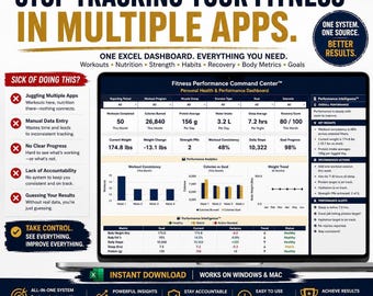 May include: A digital fitness performance command center dashboard displayed on a laptop screen. The interface features charts, tables, and metrics for workouts, nutrition, and body data, including weight in lbs, protein in grams, and water in liters.