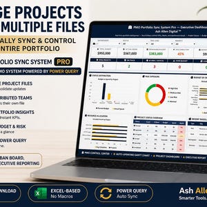 May include: A laptop screen shows a project management dashboard with charts and data. The display includes financial metrics, project status, and risk assessments. Text on the screen reads "Manage Projects Across Multiple Files" and "PMO Portfolio Sync System Pro."