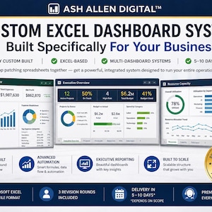 May include: A custom Excel dashboard system by Ash Allen Digital featuring three distinct data visualisation screens: Financial Overview, Executive Overview, and Resource Capacity. The graphic includes text, icons, and a gold premium system seal.