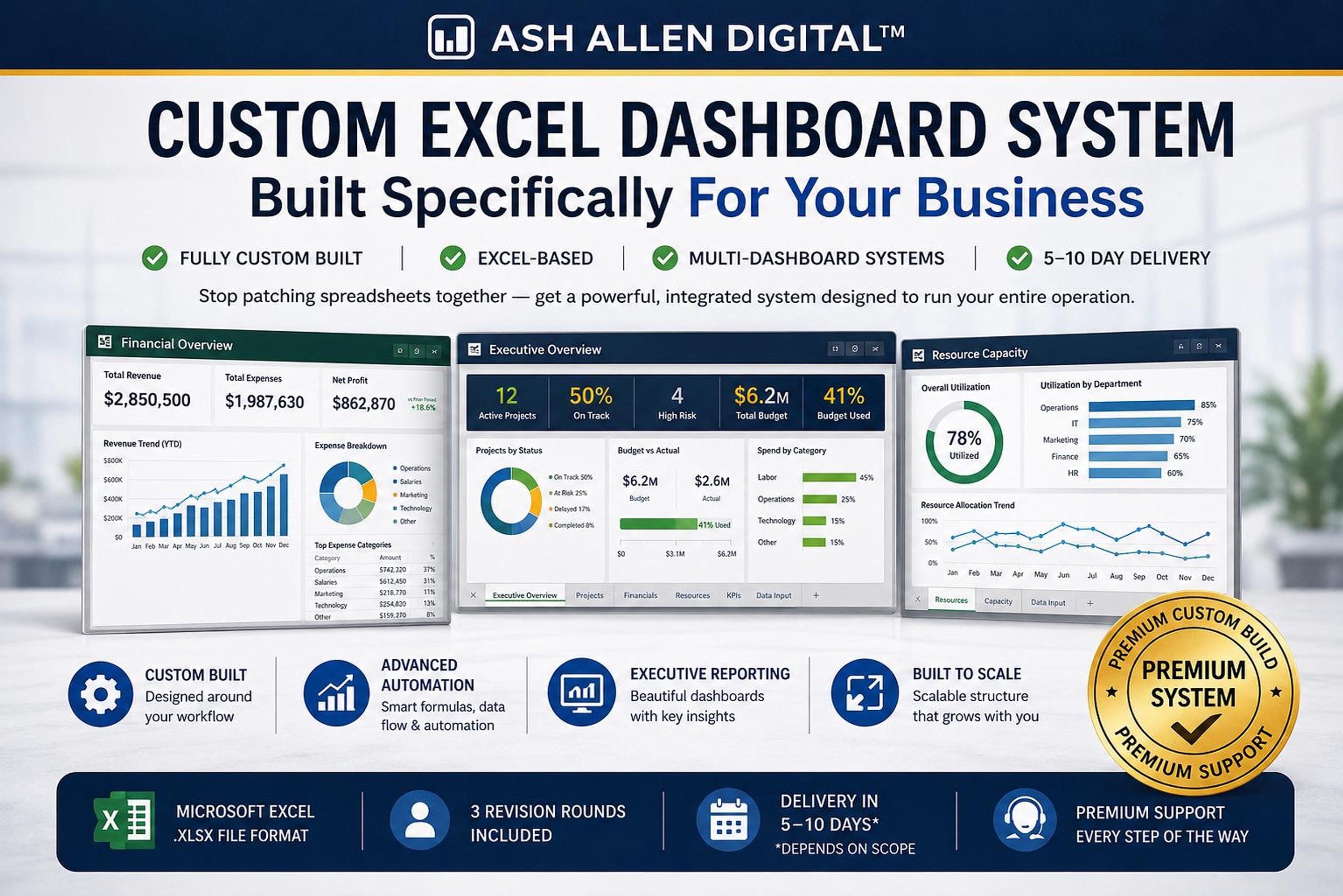 Premium Excel Dashboard System Custom Business Automation, KPI Reporting & Workflow Solution
