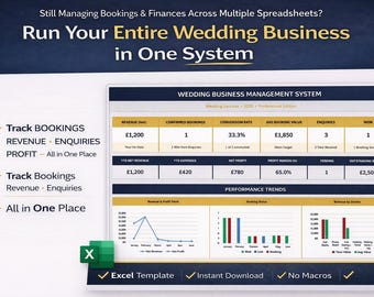 Modelo de Excel para Sistema de Gestão de Negócios de Casamento | Rastreamento de Clientes | Painel de Reservas e Receitas | CRM para Planejadores de Casamento