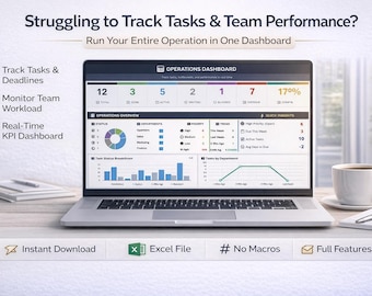 Modelo de Painel de Operações em Excel | Rastreador de Tarefas, Gestão de Fluxo de Trabalho e Painel de KPIs da Equipe | Ferramenta para Operações de Projetos e Negócios