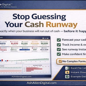 Puede incluir: Gráfico promocional para Ash Allen Digital, Excel Systems for Business Owners. La imagen presenta un panel con datos financieros, incluidas proyecciones de flujo de caja. El texto destaca las características clave: pronosticar la posición de efectivo.