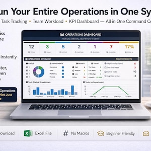 May include: A laptop displaying an operations dashboard with charts and data. The screen shows task tracking, team workload, and KPI data. Text on the screen reads "Run Your Entire Operations in One System." A coffee cup and notepad are on the desk.