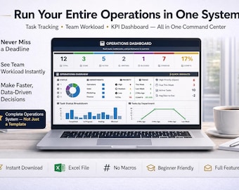 Operations Dashboard Excel Template | Task Tracker, Workflow Management & Team KPI Dashboard | Project and Business Operations Tool