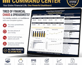 May include: A laptop screen displaying the Personal Finance Command Center dashboard with financial data, charts, and graphs. The interface includes sections for income, expenses, net worth, and savings goals, alongside text detailing financial management features.