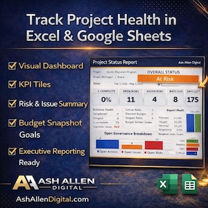 以下が含まれることがあります： ExcelとGoogleスプレッドシートでのプロジェクトの健全性追跡を促進するデジタルグラフィック。画像には、オープンリスクや残りの日数など、主要な指標を含むプロジェクトステータスレポートが表示されます。「Visual Dashboard」と「Executive Reporting Ready」というテキストが含まれています。