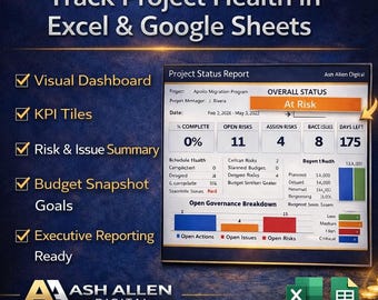 May include: A digital graphic promoting project health tracking in Excel and Google Sheets. The image features a project status report with key metrics, including open risks, assigned risks, and days left. Text includes "Visual Dashboard" and "Executive Reporting Ready."