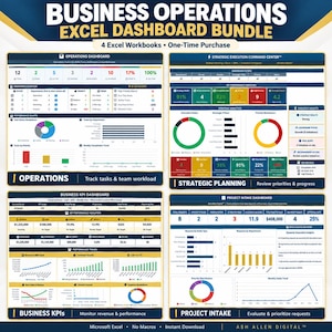 Excel-paket för affärsverksamhet | KPI-instrumentpanel, projektintag, strategisk planering och uppgiftsspårning