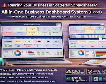 Pacote de Modelos de Painel de Controle Empresarial em Excel | Painel de KPIs, Rastreador de Tarefas, Melhoria de Processos e Painel de Desempenho