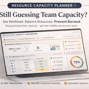 Può includere: Un laptop mostra un dashboard della capacità delle risorse. Lo schermo presenta visualizzazioni di dati, grafici e tabelle, con il testo "Still Guessing Team Capacity?" e "Supports up to 100+ Resources."