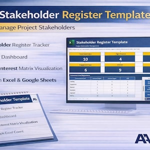 Op de afbeelding: Een afbeelding met een Excel Stakeholder Register Template. De afbeelding benadrukt functies zoals een stakeholder register tracker, ingebouwd dashboard en power-interest matrix visualisatie. De template werkt in Excel en Google Sheets.