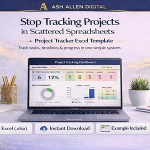 May include: A laptop displays a project tracking dashboard with charts and data. The image promotes an Excel template to stop tracking projects in scattered spreadsheets. Includes Excel file, instant download, and example.