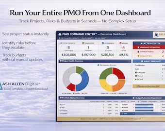 Modelo de Excel para Painel de Controle de PMO (25 Projetos) | Central de Comando de Portfólio de Projetos | Rastreamento de KPIs, Orçamento e Riscos