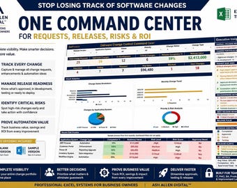 Change Management Excel Dashboard | Software Release Tracker, IT Governance, Enhancement Log & Automation ROI Template