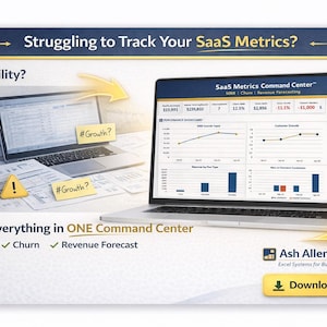 Puede incluir: Imagen promocional para el seguimiento de métricas SaaS. Dos portátiles muestran visualizaciones de datos. El texto incluye "Struggling to Track Your SaaS Metrics?" y "Track Everything in ONE Command Center." La imagen promociona una descarga de Ash Allen Digital.